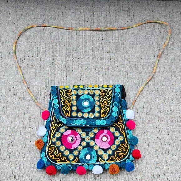 Kids Cross Body Bag Multi Color Pop Pom Cute Multi Colot Embroidery Bag - Picture 8 of 11